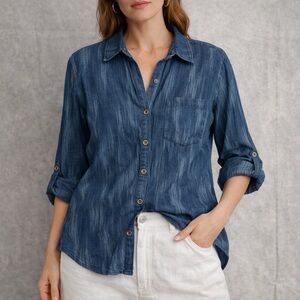 100% Cotton  Blue Chambray Shirt Relaxed Button Up Cotton Quiet Luxury Coastal
